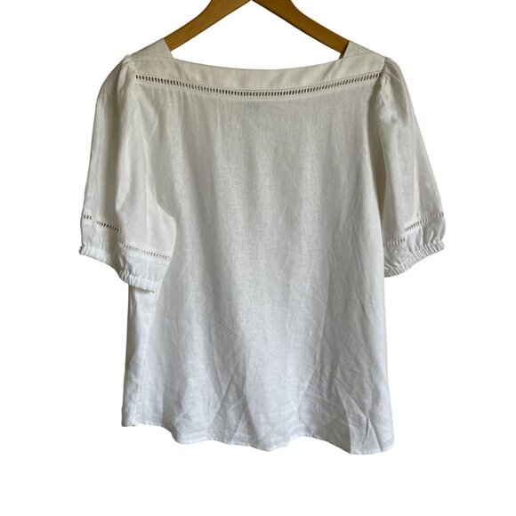 Ann Taylor Factory Size Large Petite White Boat Neck Short Puff Sleeve Linen Ble - Picture 1 of 8